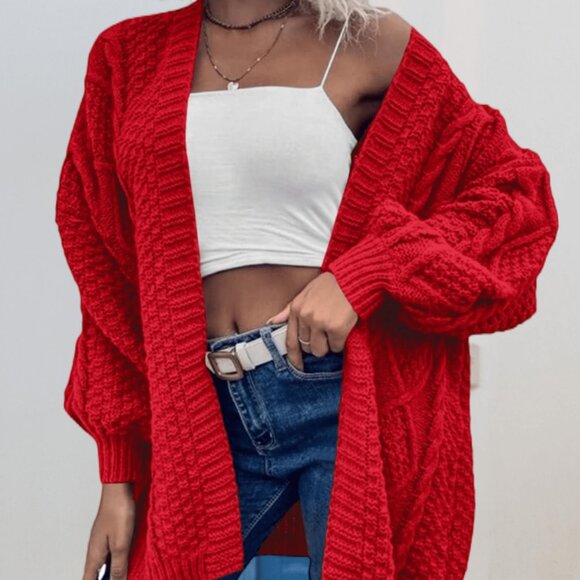 Red Casual Womens Oversized Cable Knit Open Front Lantern Sleeve Chunky Cardigan - Picture 2 of 5
